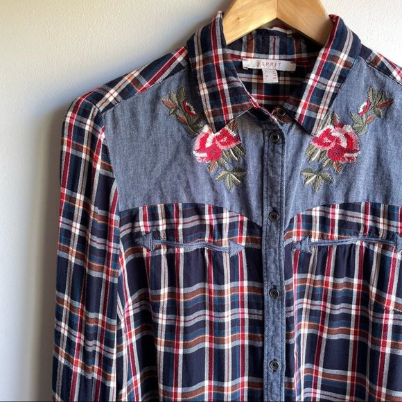 Women’s Plaid Button Up Blouse Floral Embroidery Western Rodeo Medium Fall Horse - Picture 2 of 9